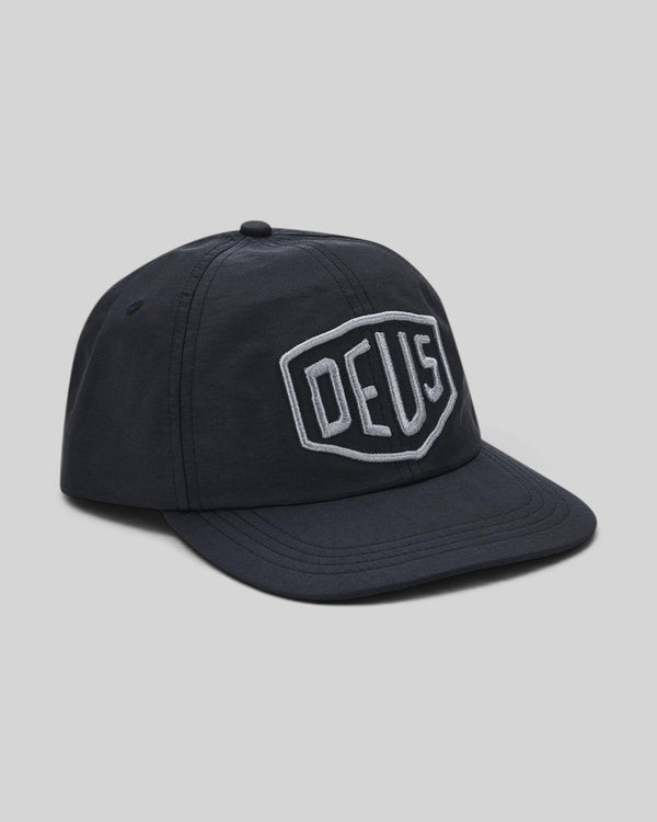 Baffle Haus black nylon unstructured mid crown cap with a grey twill patch logo on the front