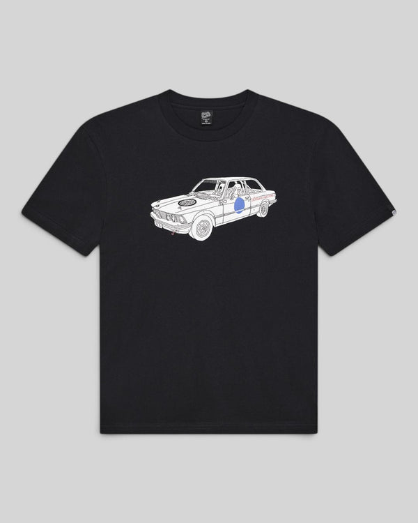Baffle Haus black organic cotton jersey t-shirt featuring a white rally car graphic on the chest with a boxy fit.