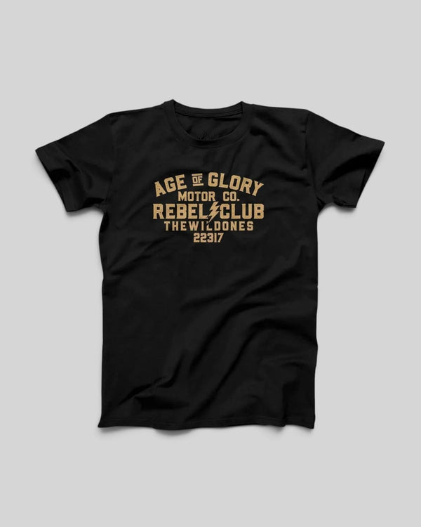 Baffle Haus black 100% cotton t-shirt featuring vintage-inspired Rebel Club motorcycle graphic on the chest.