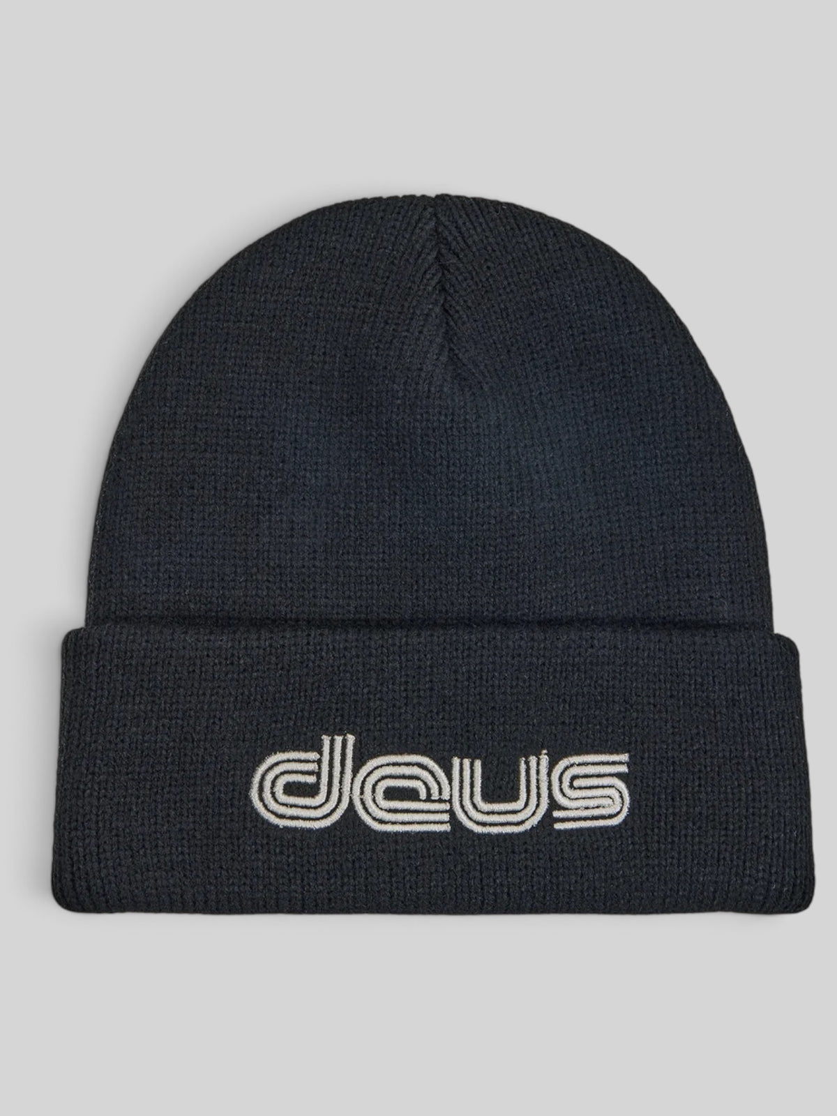 Baffle Haus black ribbed knit beanie with a wide cuff and white embroidered Deus logo on the front