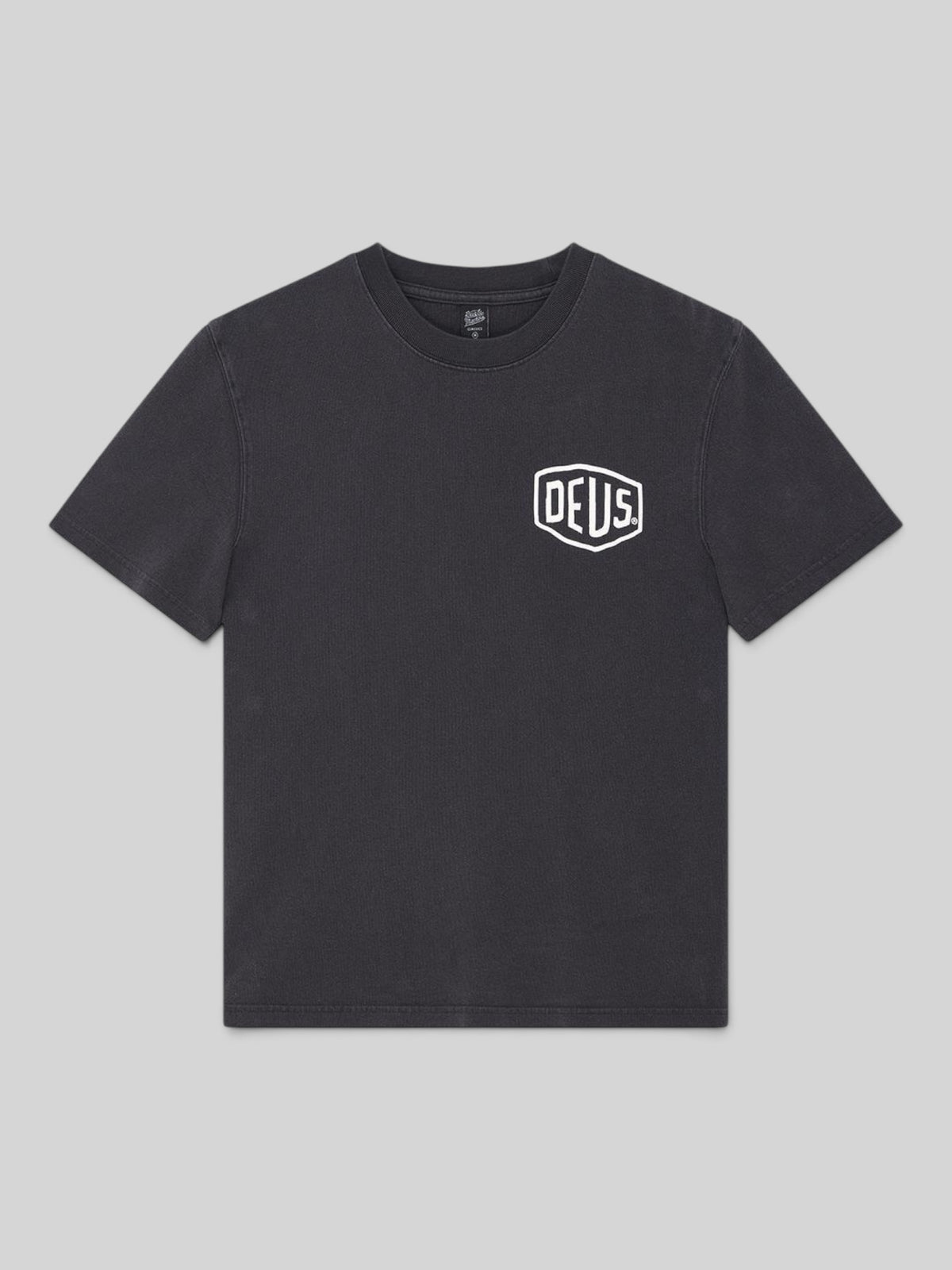 Baffle Haus black heavyweight recycled cotton t-shirt with white Deus shield chest logo and garment dyed finish.