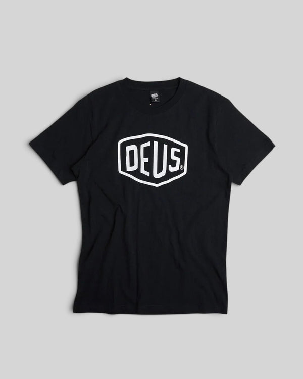Baffle Haus black cotton jersey Shield t-shirt with white Deus Ex Machina logo graphic on the chest