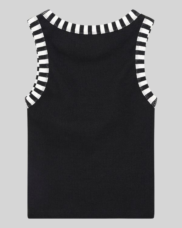 Baffle Haus Rally Shield black ribbed tank top with contrast white and black striped neck and arm hole trim