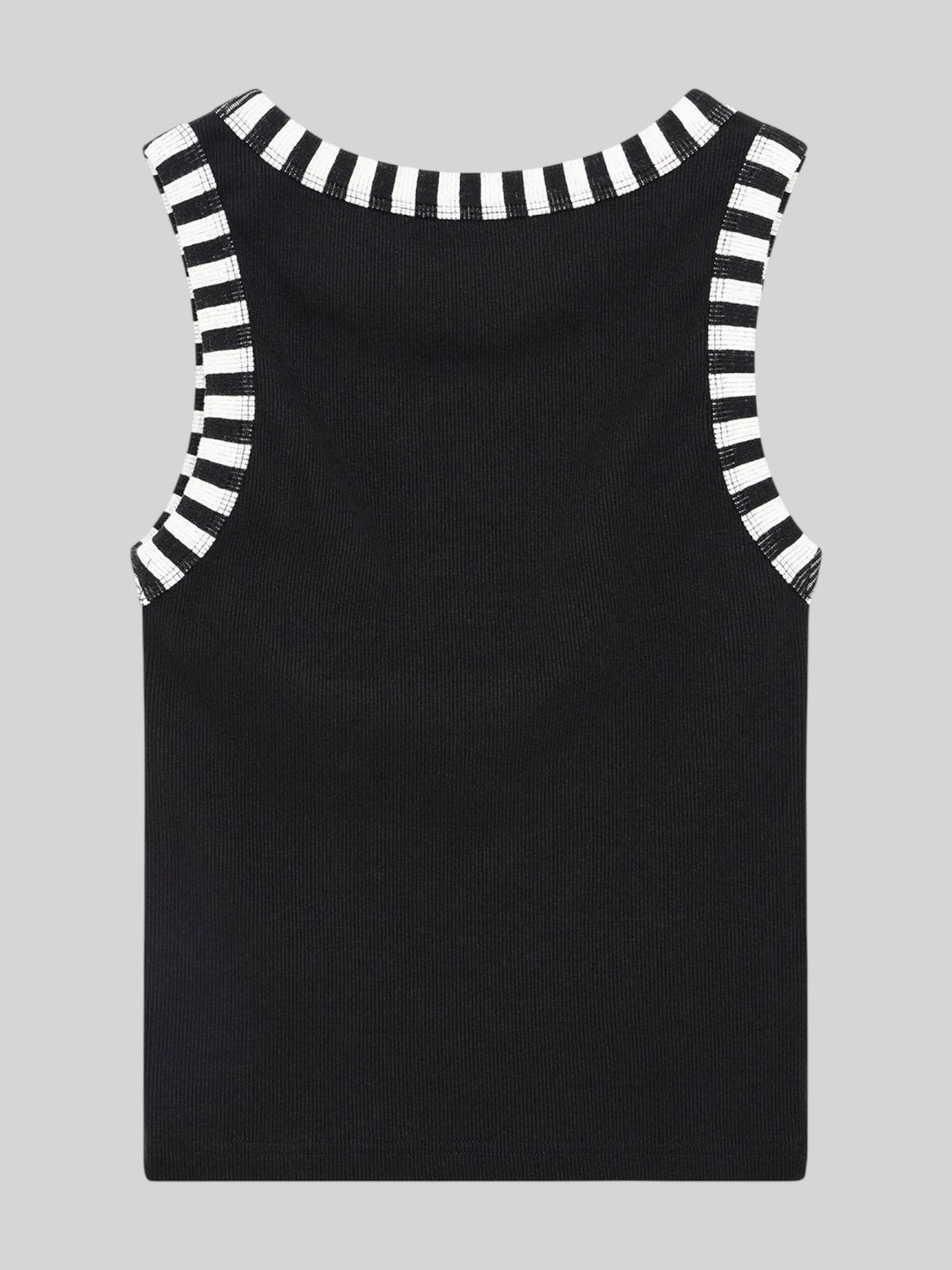 Baffle Haus Rally Shield black ribbed tank top with contrast white and black striped neck and arm hole trim