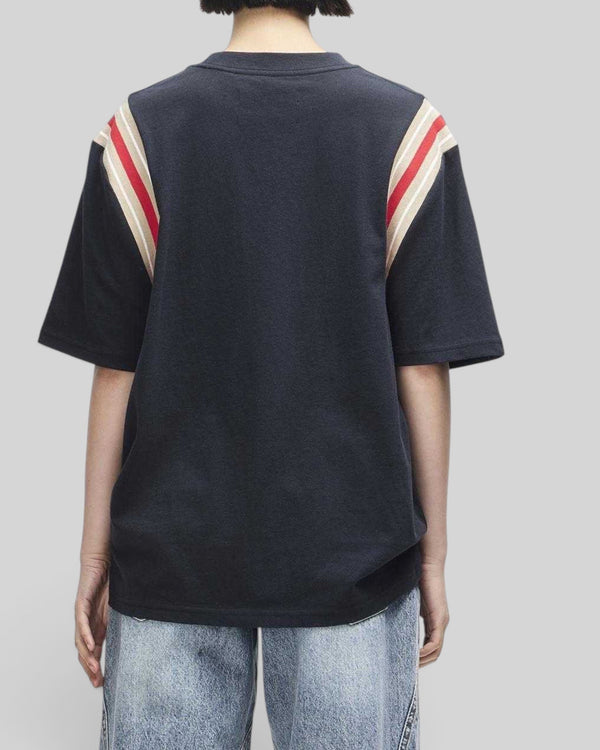 Baffle Haus Debute black midweight tee with relaxed fit and striped rib sleeve inserts, back view