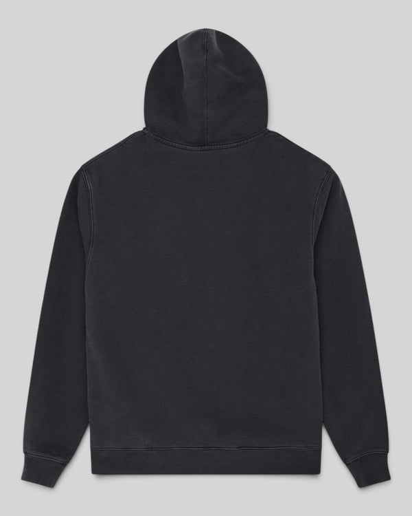 Baffle Haus black garment dyed zip hoodie featuring a box fit and heavyweight brushed back fleece, back view.