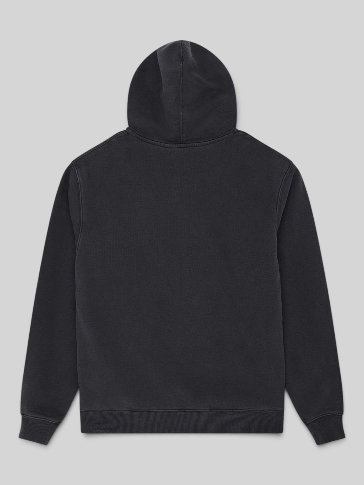 Baffle Haus black garment dyed zip hoodie featuring a box fit and heavyweight brushed back fleece, back view.
