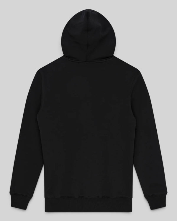 Baffle Haus Victory Lap black zip hoodie with a box fit, ribbed cuffs, and a drawstring hood, back view.
