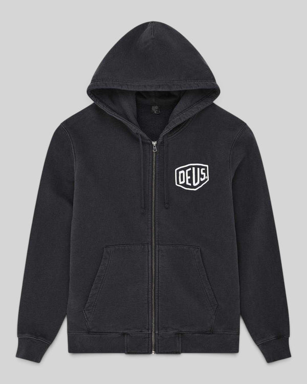Baffle Haus black garment dyed zip hoodie featuring a white embroidered Deus shield logo on the chest