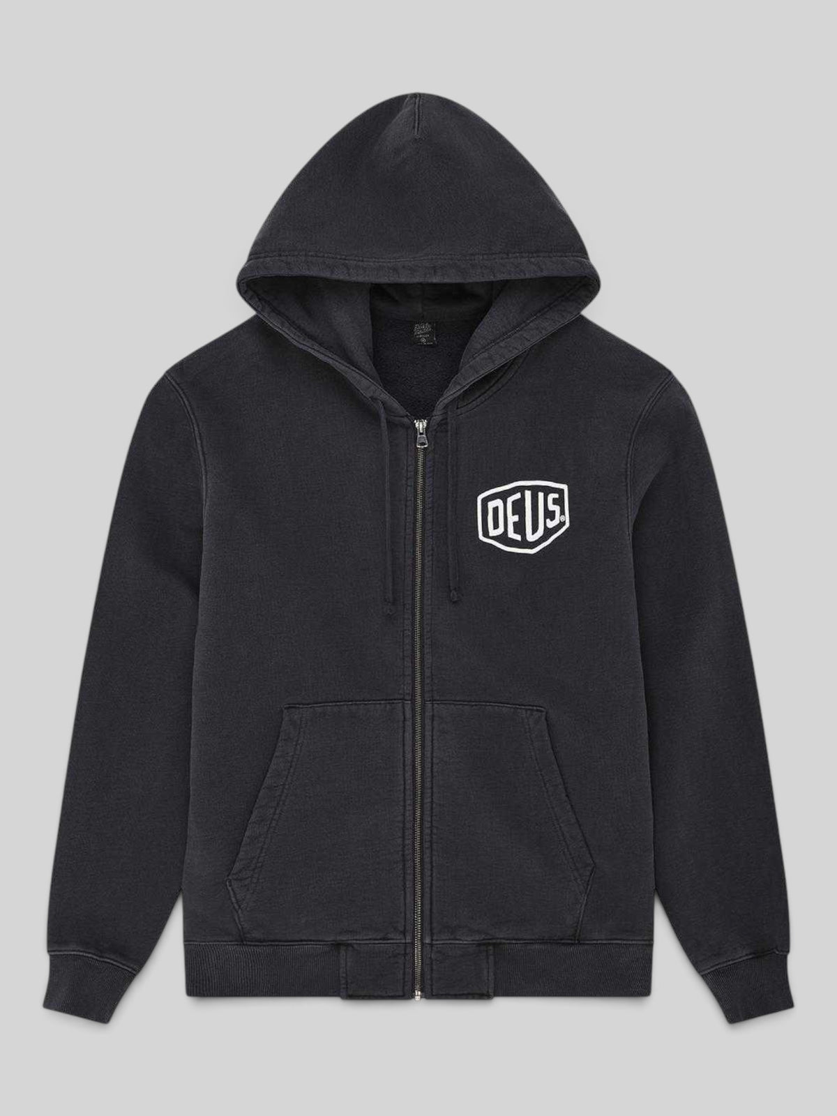 Baffle Haus black garment dyed zip hoodie featuring a white embroidered Deus shield logo on the chest