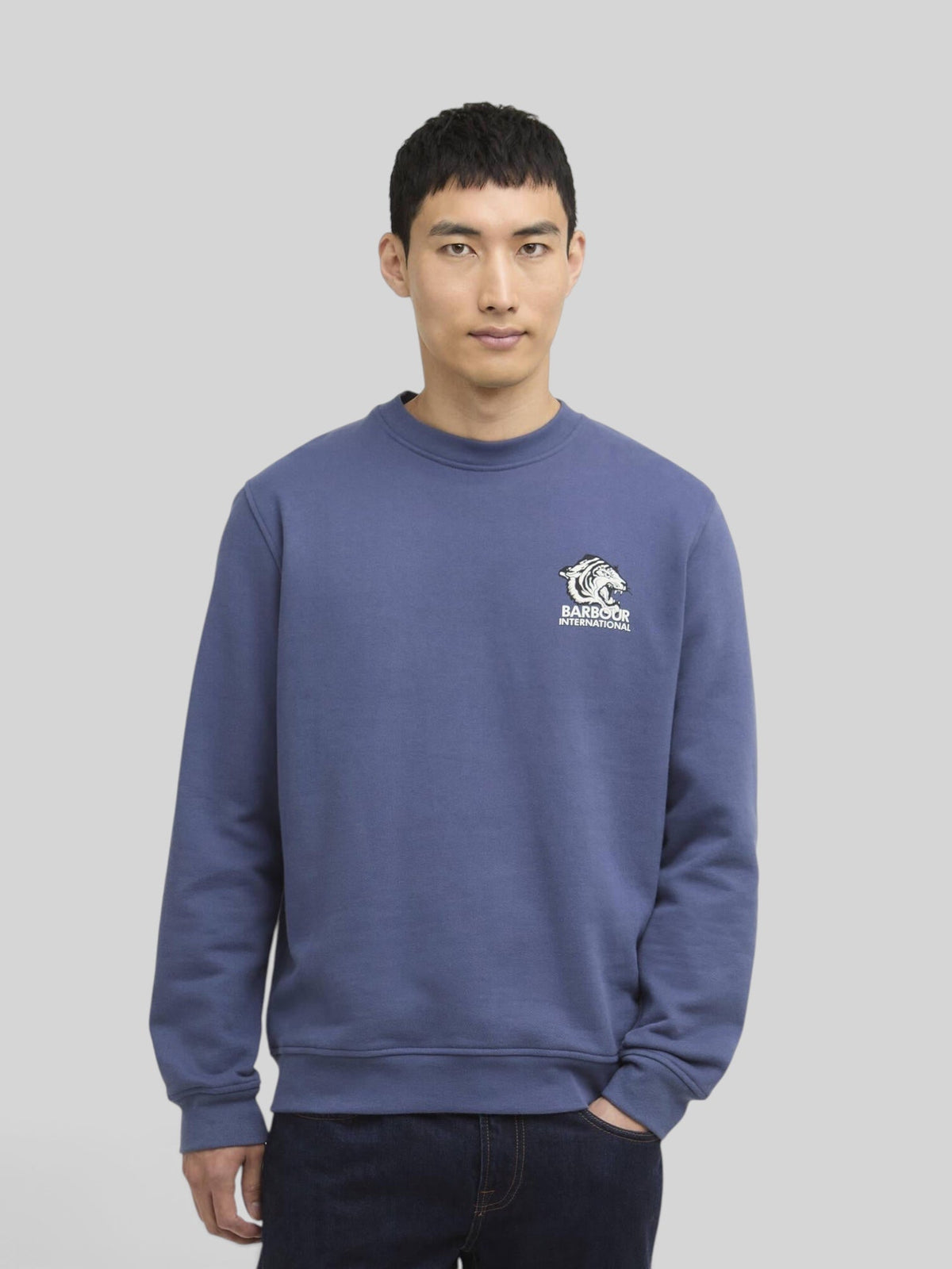 Baffle Haus B.Intl Talisman blue cotton sweatshirt with graphic logo on chest worn by a male model