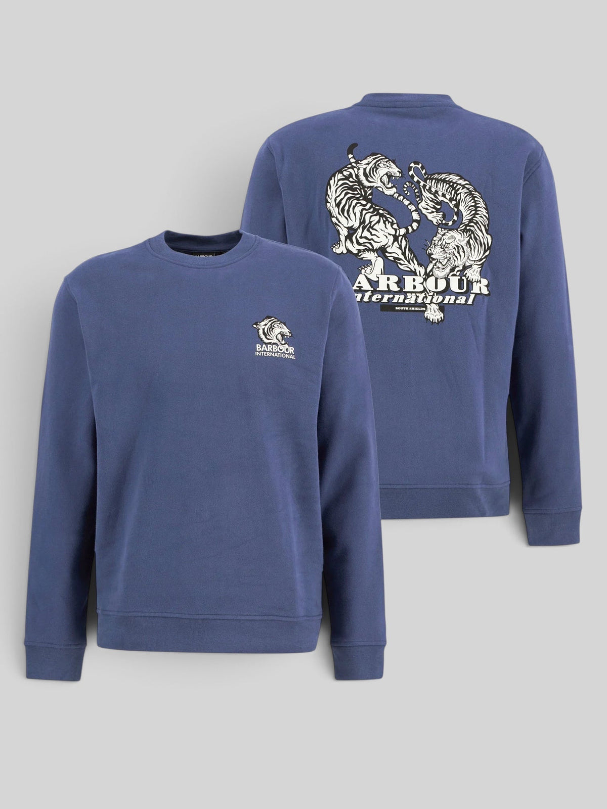 Baffle Haus B.Intl Talisman blue cotton sweatshirt with tiger graphic on chest and back, featuring ribbed trim.