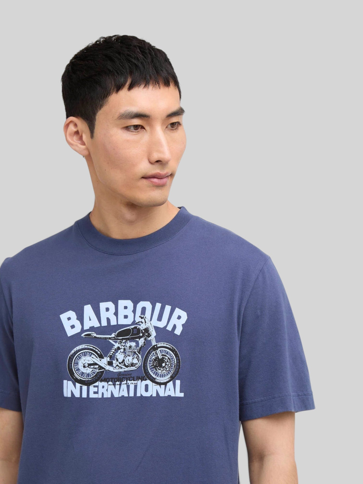 Baffle Haus blue cotton t-shirt featuring a Barbour International motorcycle graphic print on the chest