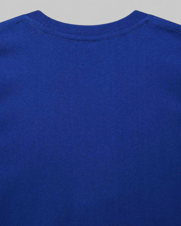 Baffle Haus Shield Tee in classic blue organic cotton jersey with a regular fit and garment washed finish