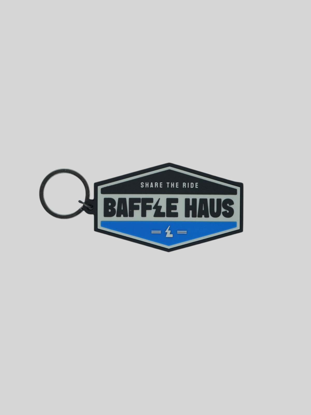 Baffle Haus blue retro key tag made of durable embossed PVC with a debossed logo and black split-ring keyring.