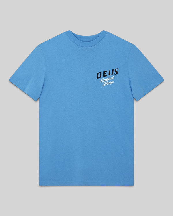 Baffle Haus Dogleg Tee in Bonnie Blue featuring a Deus Speed Shop chest print on recycled and organic cotton jersey.