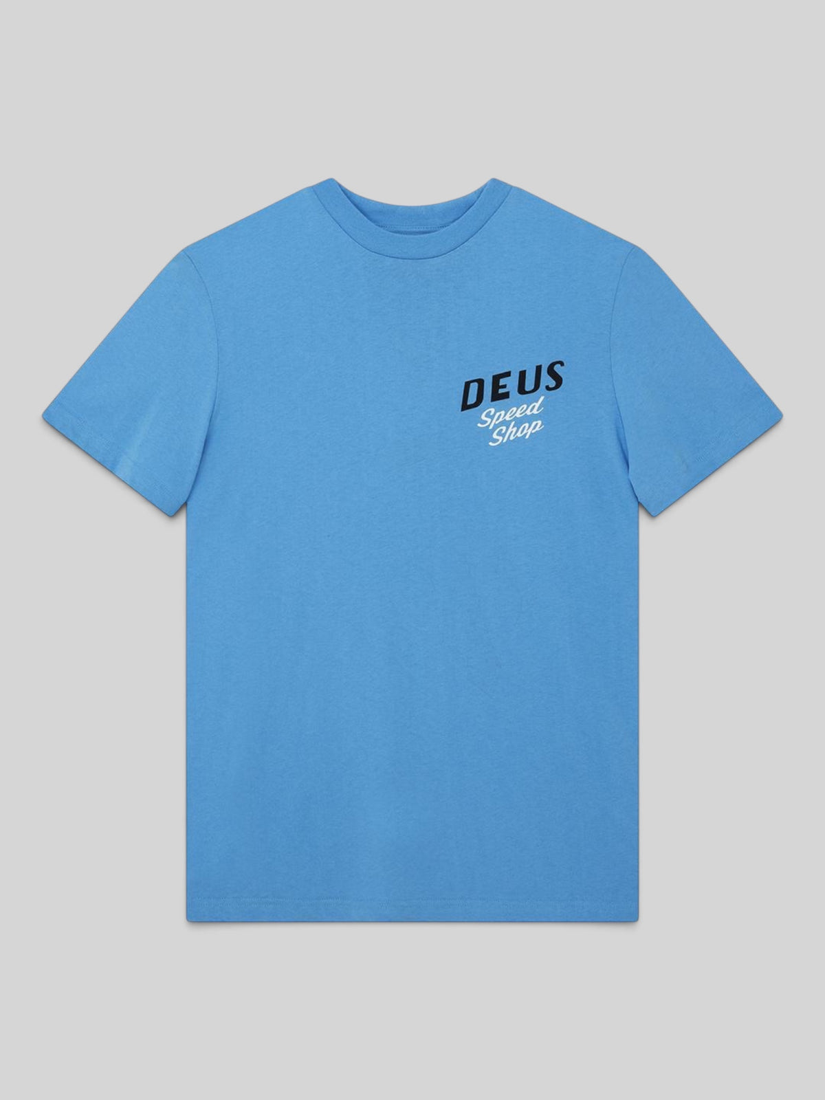 Baffle Haus Dogleg Tee in Bonnie Blue featuring a Deus Speed Shop chest print on recycled and organic cotton jersey.