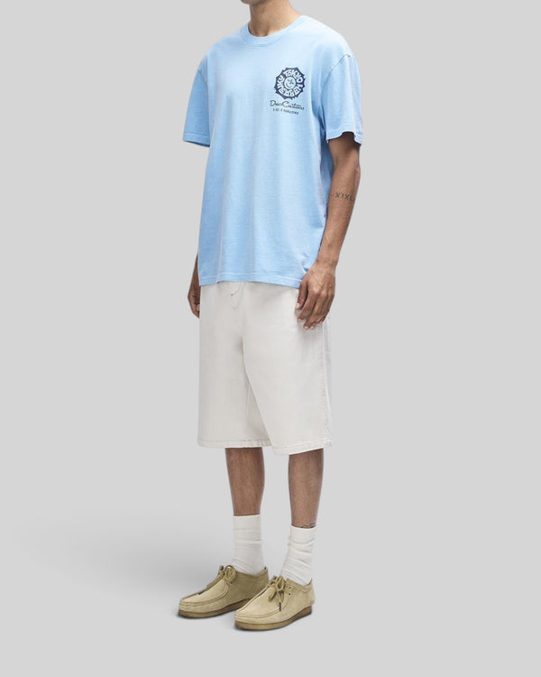 Baffle Haus Tokyo Address Tee in Bonnie Blue, a loose fit recycled cotton t-shirt with chest and back graphic print.