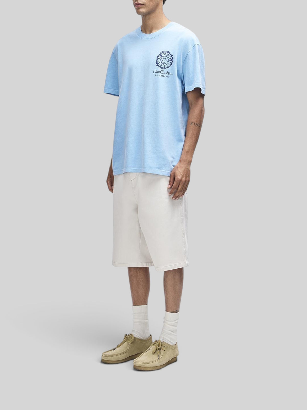 Baffle Haus Tokyo Address Tee in Bonnie Blue, a loose fit recycled cotton t-shirt with chest and back graphic print.