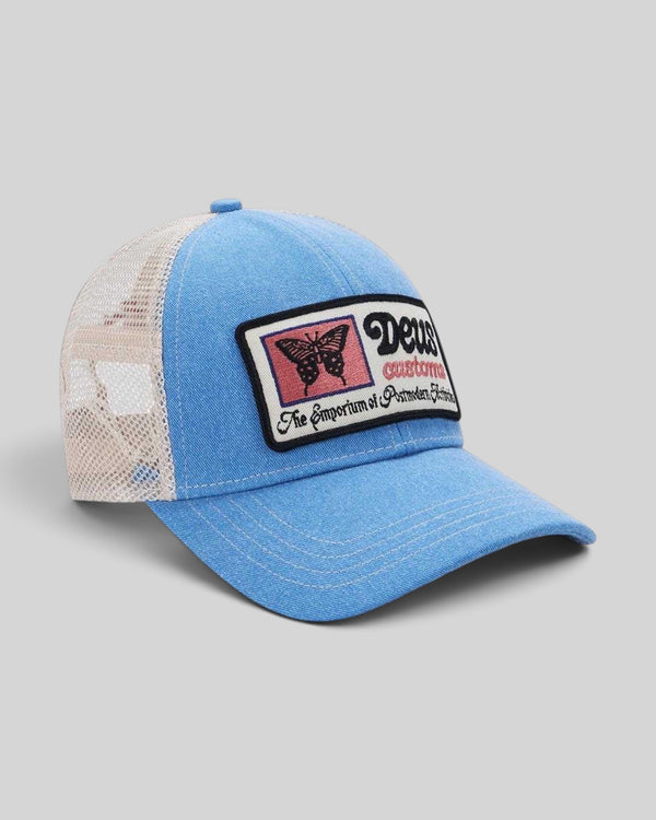 Baffle Haus Slapstick Trucker hat in Bonnie Blue with a mesh back, nylon front, and vintage-style butterfly patch.