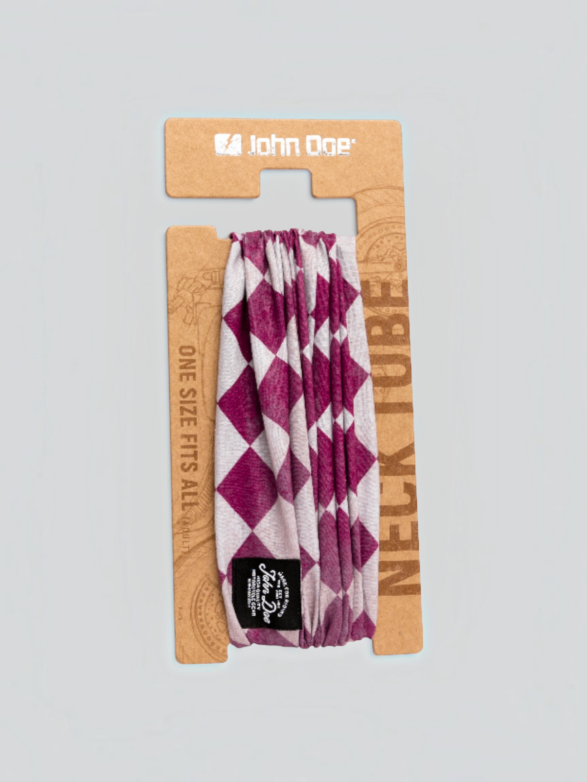 Baffle Haus John Doe bordeaux and white checkered seamless microfiber neck tube on branded cardboard packaging