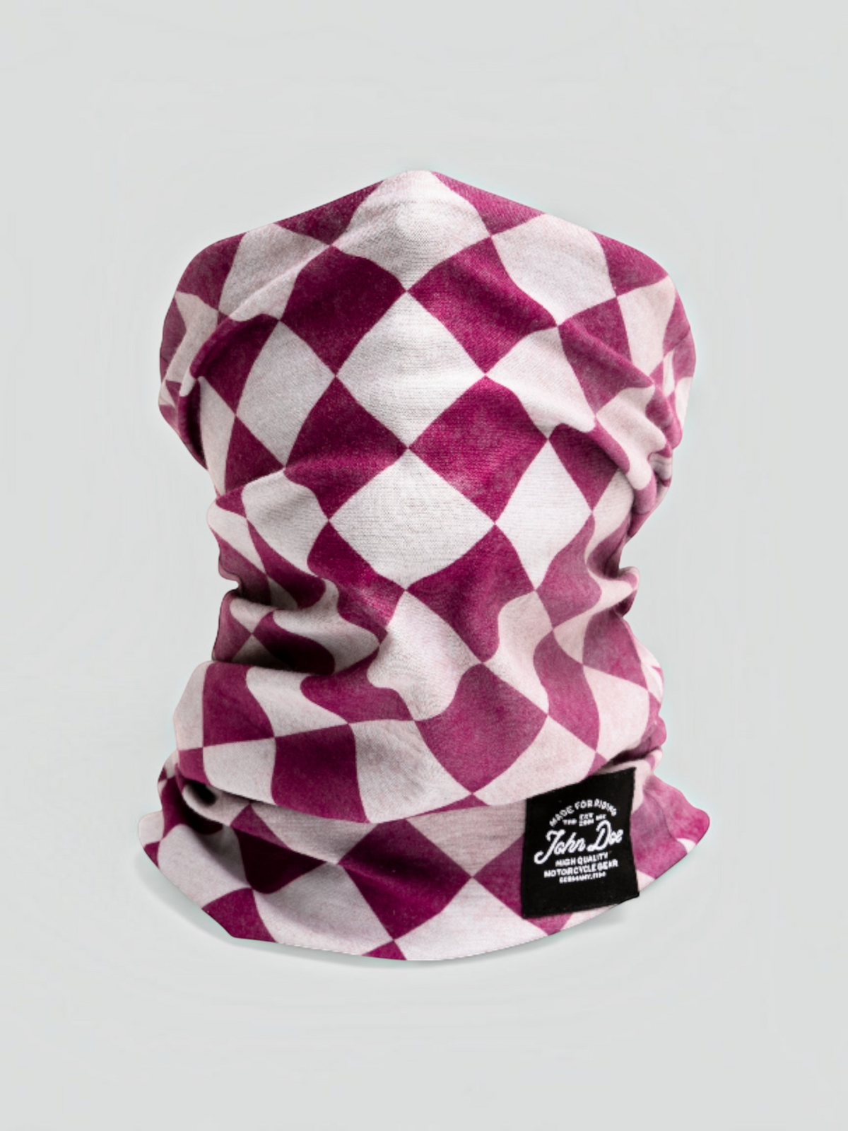 Baffle Haus bordeaux and white checkered seamless microfiber neck tube for sports and motorcycle riding