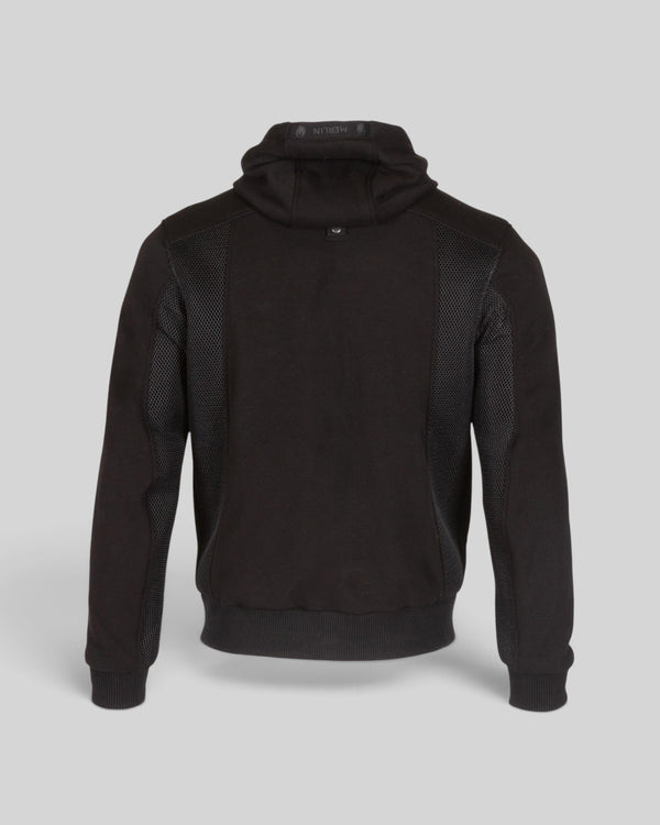 Baffle Haus Brecken black motorcycle hoodie with air mesh side panels and detachable hood, back view