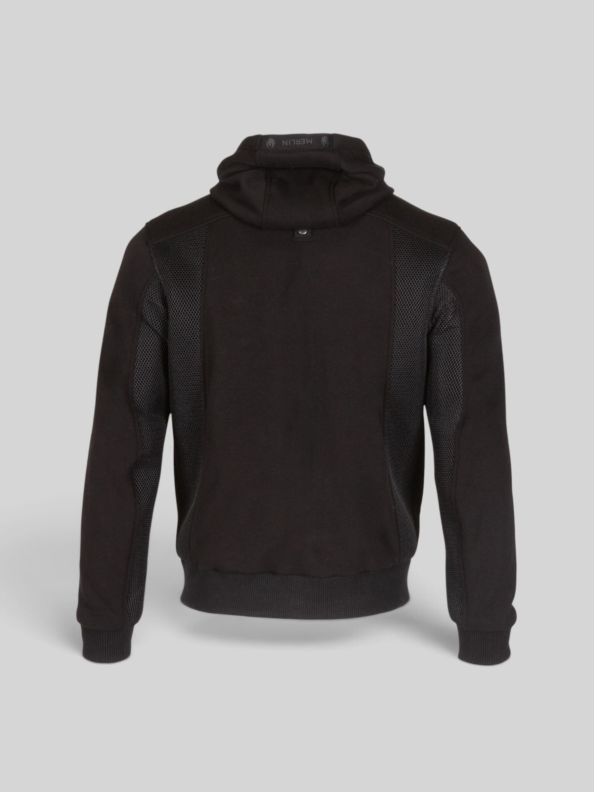 Baffle Haus Brecken black motorcycle hoodie with air mesh side panels and detachable hood, back view