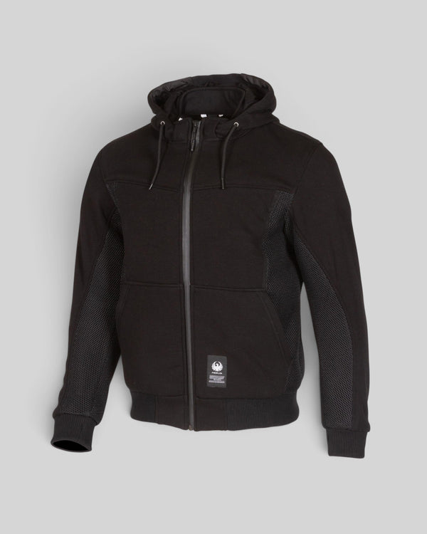 Baffle Haus Brecken black motorcycle hoodie with air mesh panels, double front zipper, and protective D3O armour.