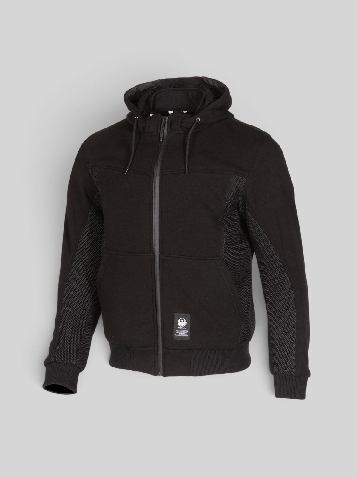 Baffle Haus Brecken black motorcycle hoodie with air mesh panels, double front zipper, and protective D3O armour.