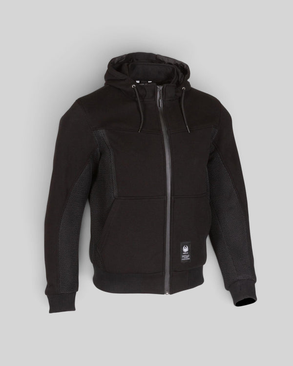 Baffle Haus Brecken black motorcycle hoodie with air mesh panels, double front zipper, and protective armour.