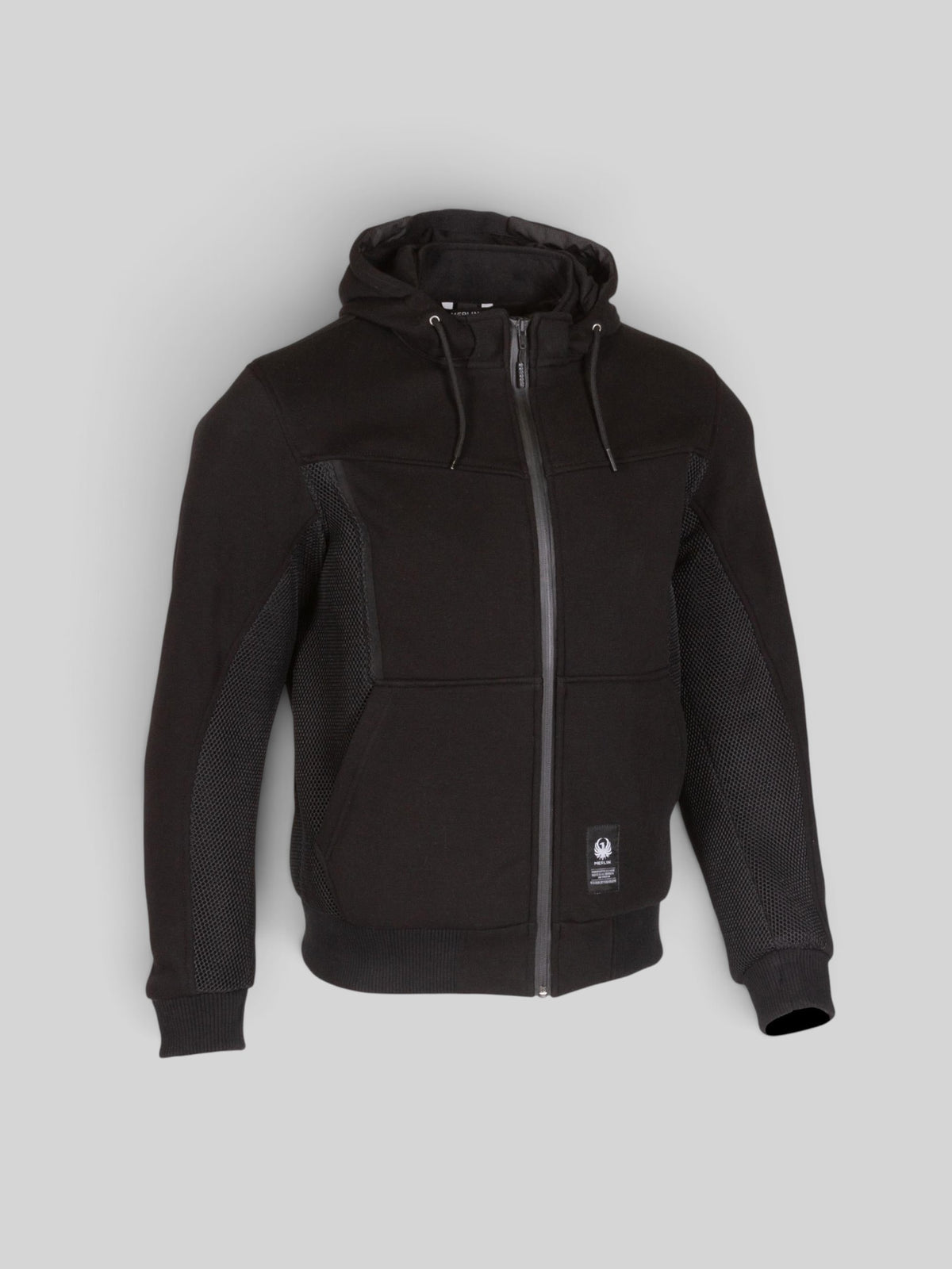 Baffle Haus Brecken black motorcycle hoodie with air mesh panels, double front zipper, and protective armour.