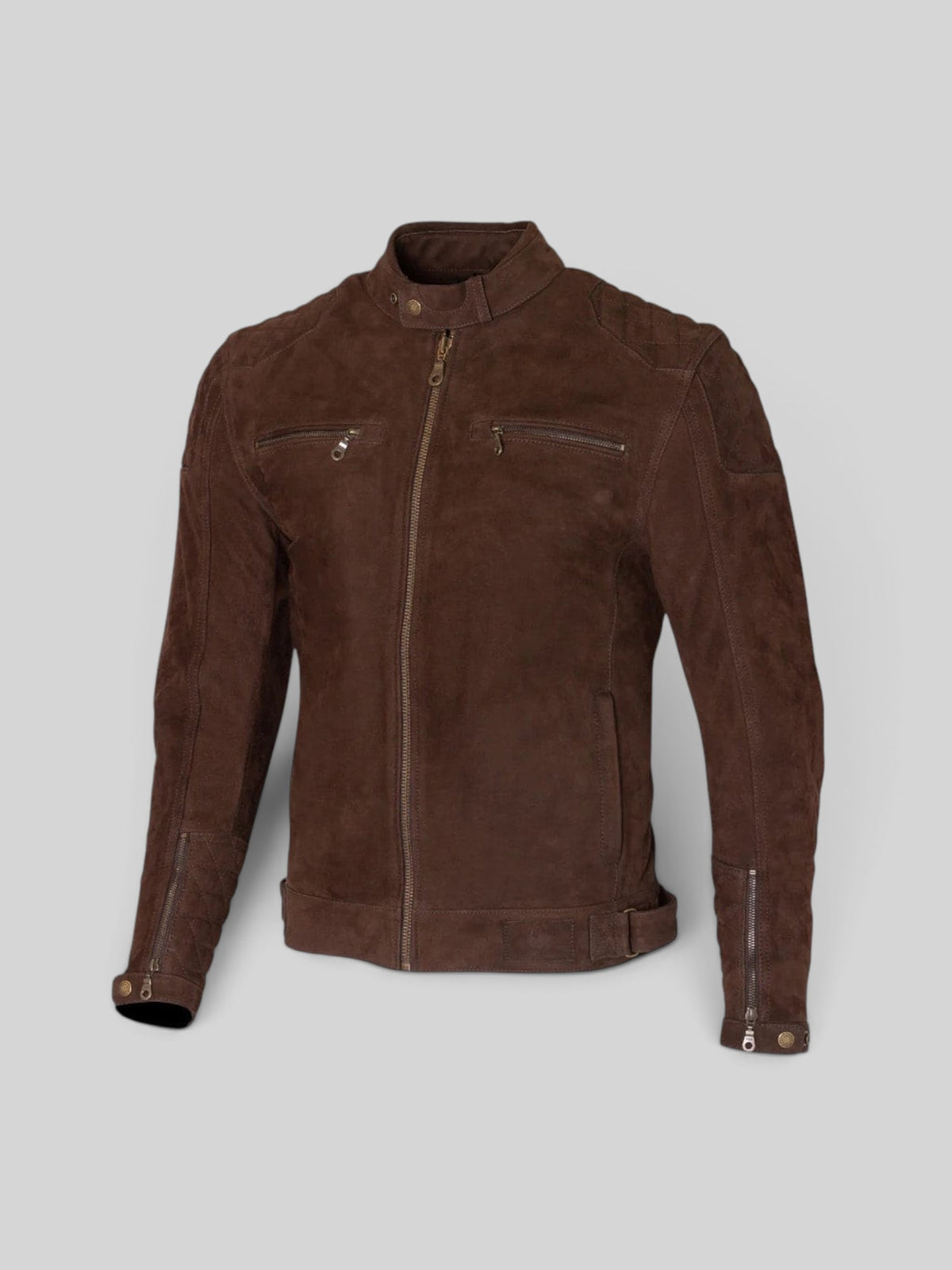 Baffle Haus brown leather motorcycle jacket with quilted shoulder panels, zip pockets, and protective D3O armour.