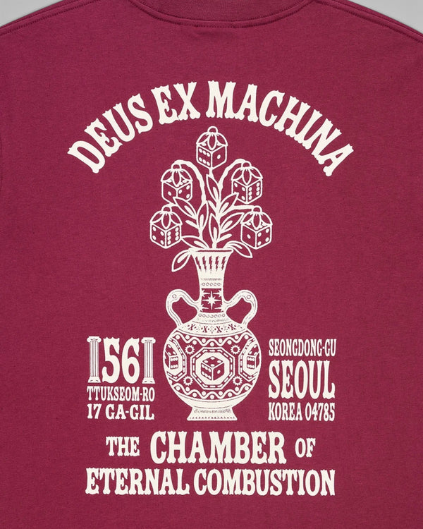 Baffle Haus Seoul Ceramic Tee in burgundy with white graphic print of a vase and dice on the back