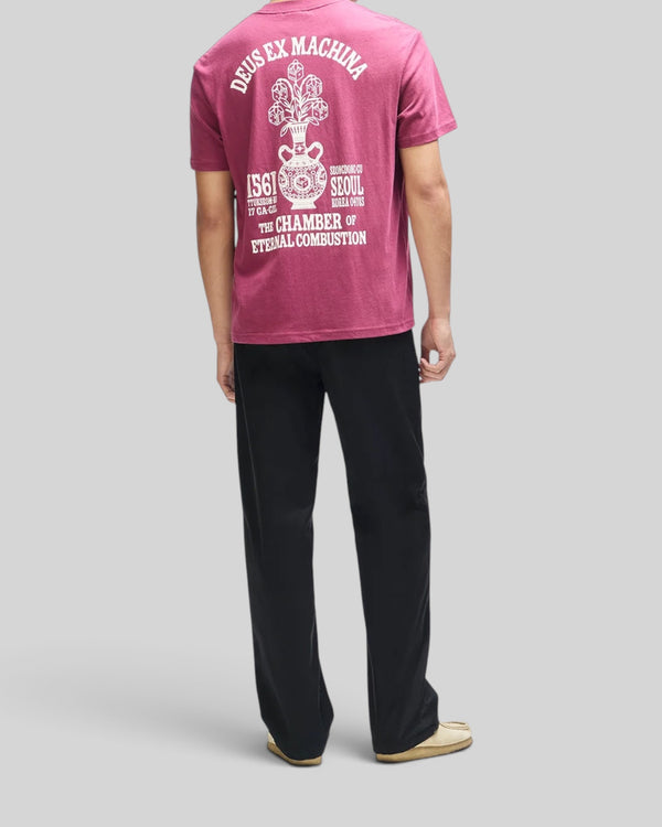 Baffle Haus burgundy box fit tee with white graphic print on the back, made from recycled cotton and polyester.