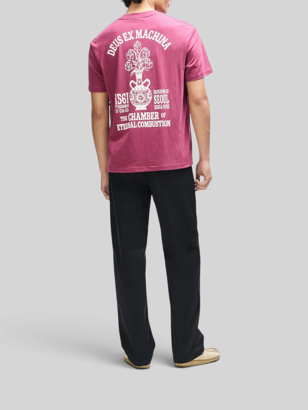 Baffle Haus burgundy box fit tee with white graphic print on the back, made from recycled cotton and polyester.