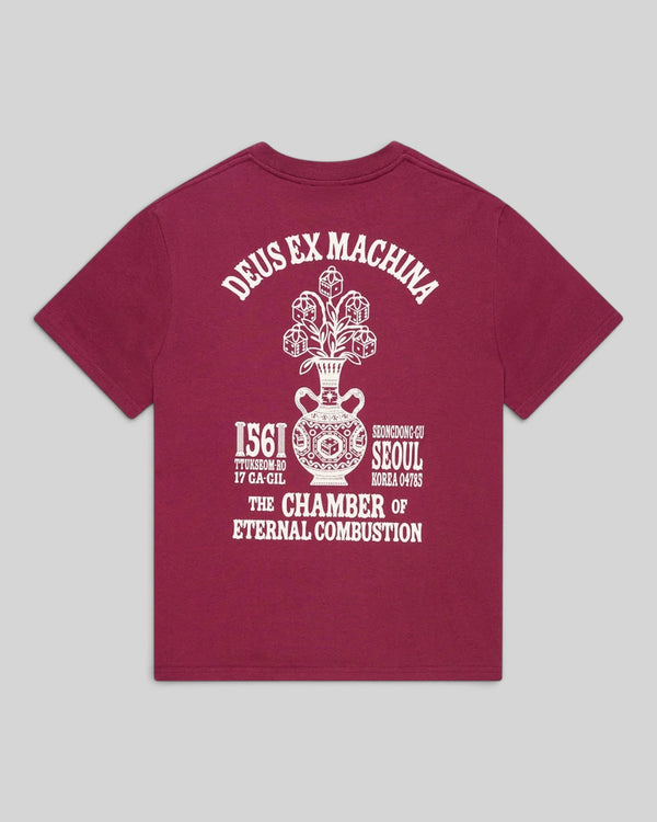 Baffle Haus burgundy box fit tee with white graphic print of a ceramic vase and text on the back