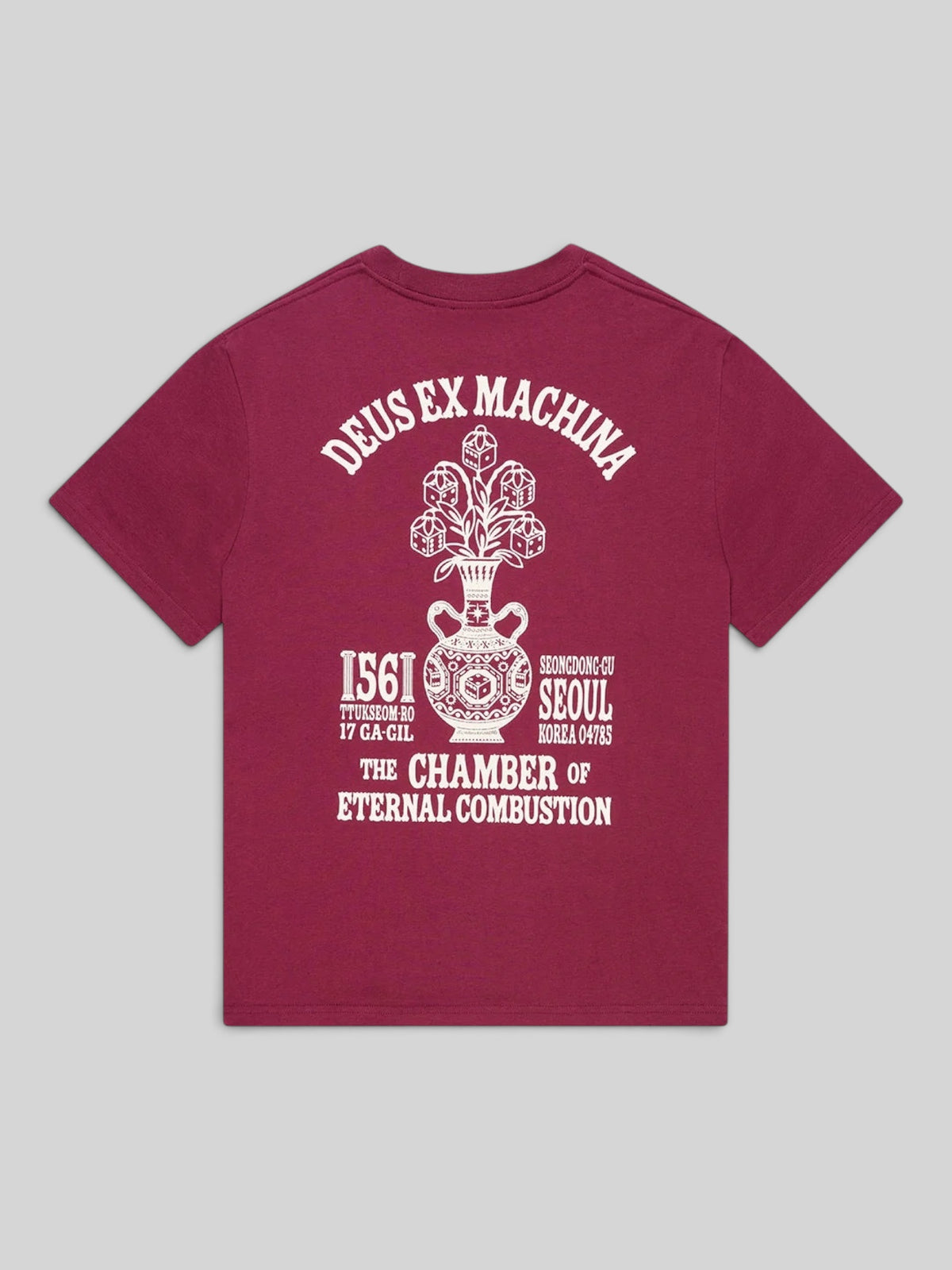 Baffle Haus burgundy box fit tee with white graphic print of a ceramic vase and text on the back