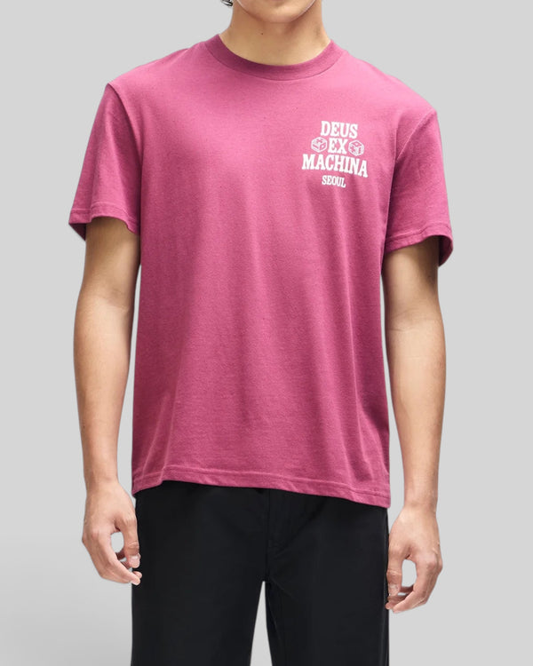 Baffle Haus burgundy box fit t-shirt in recycled cotton blend with white Seoul graphic print on chest