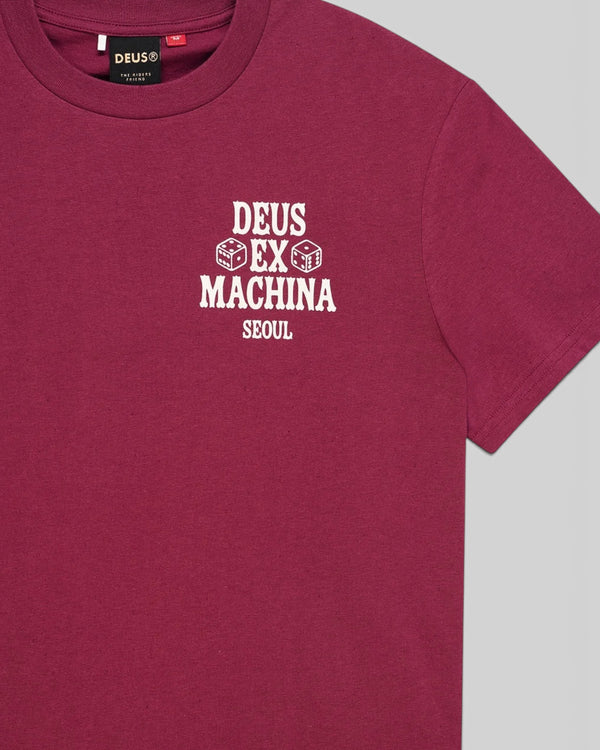 Baffle Haus burgundy box fit tee in recycled cotton blend featuring white chest graphic with dice and Seoul text