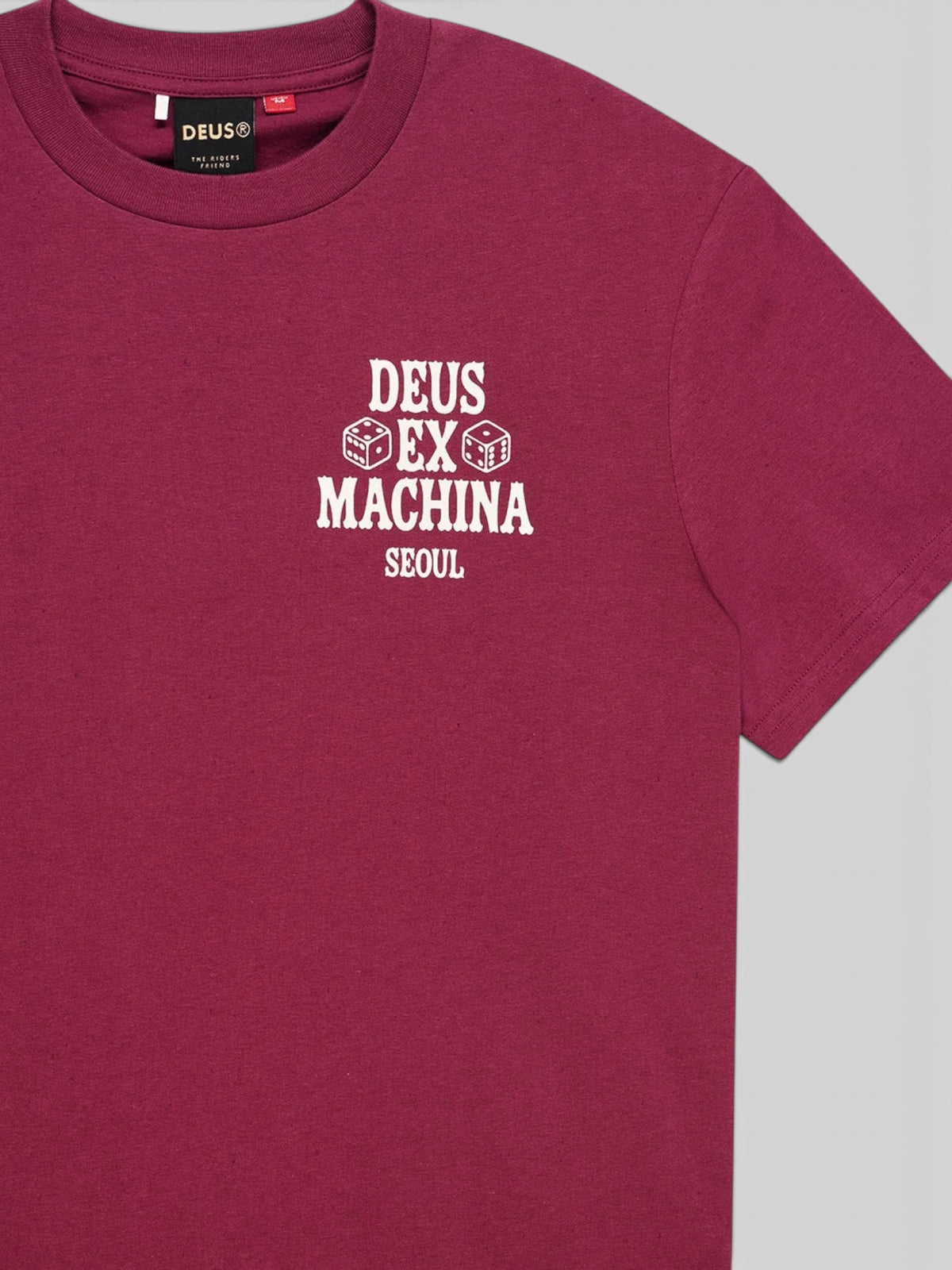 Baffle Haus burgundy box fit tee in recycled cotton blend featuring white chest graphic with dice and Seoul text