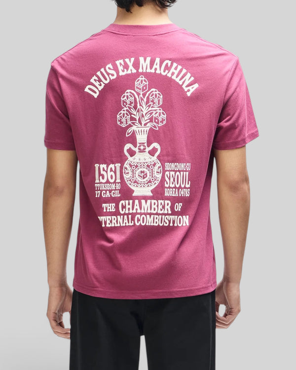 Baffle Haus burgundy box fit tee with white graphic print of a vase and text on the back, made from recycled cotton.