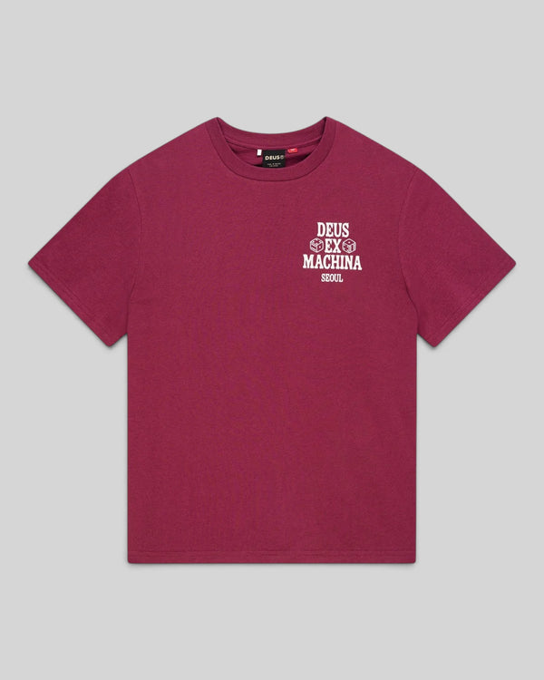 Baffle Haus burgundy box fit t-shirt in recycled cotton blend with white Seoul Ceramic graphic print on chest