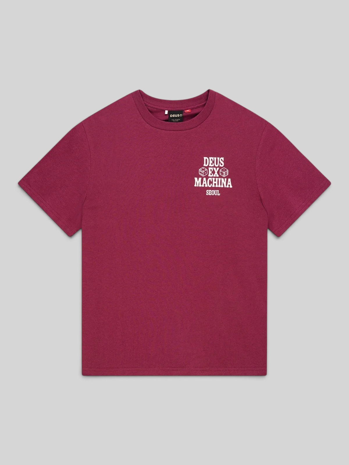 Baffle Haus burgundy box fit t-shirt in recycled cotton blend with white Seoul Ceramic graphic print on chest