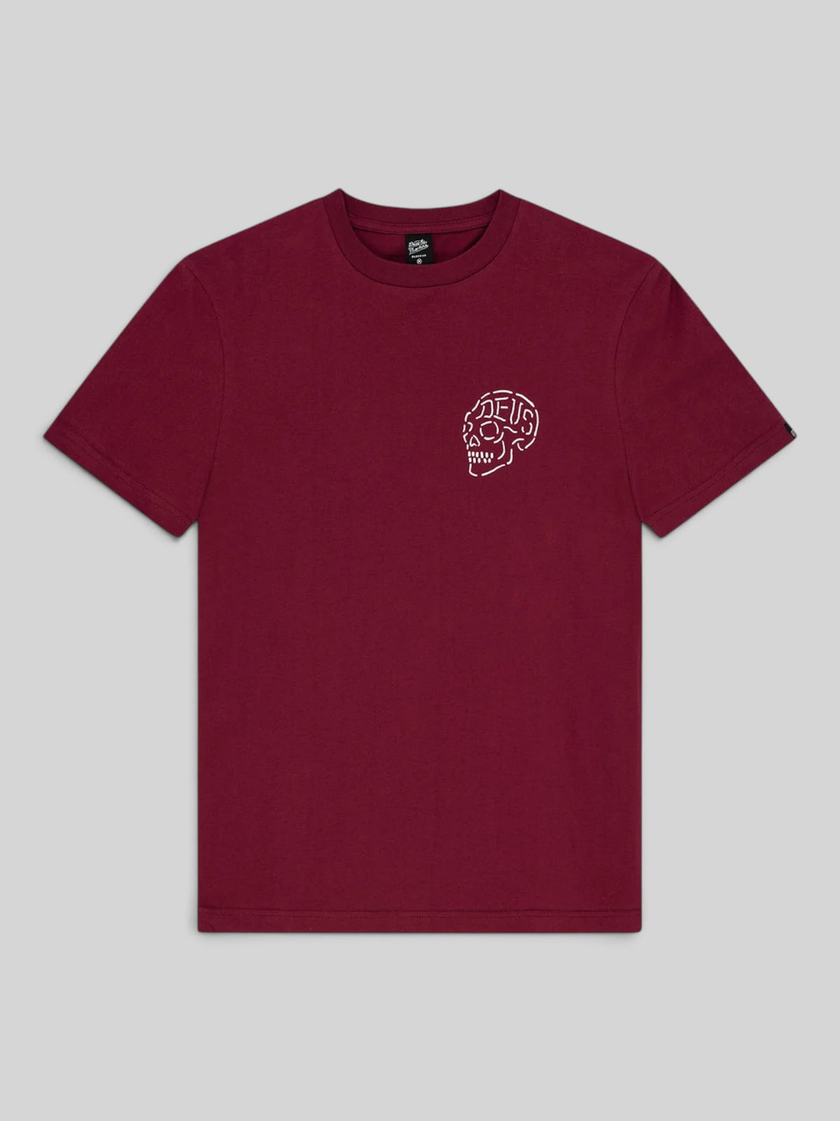 Baffle Haus Venice Skull Tee in burgundy organic cotton with white skull graphic on the chest, regular fit.