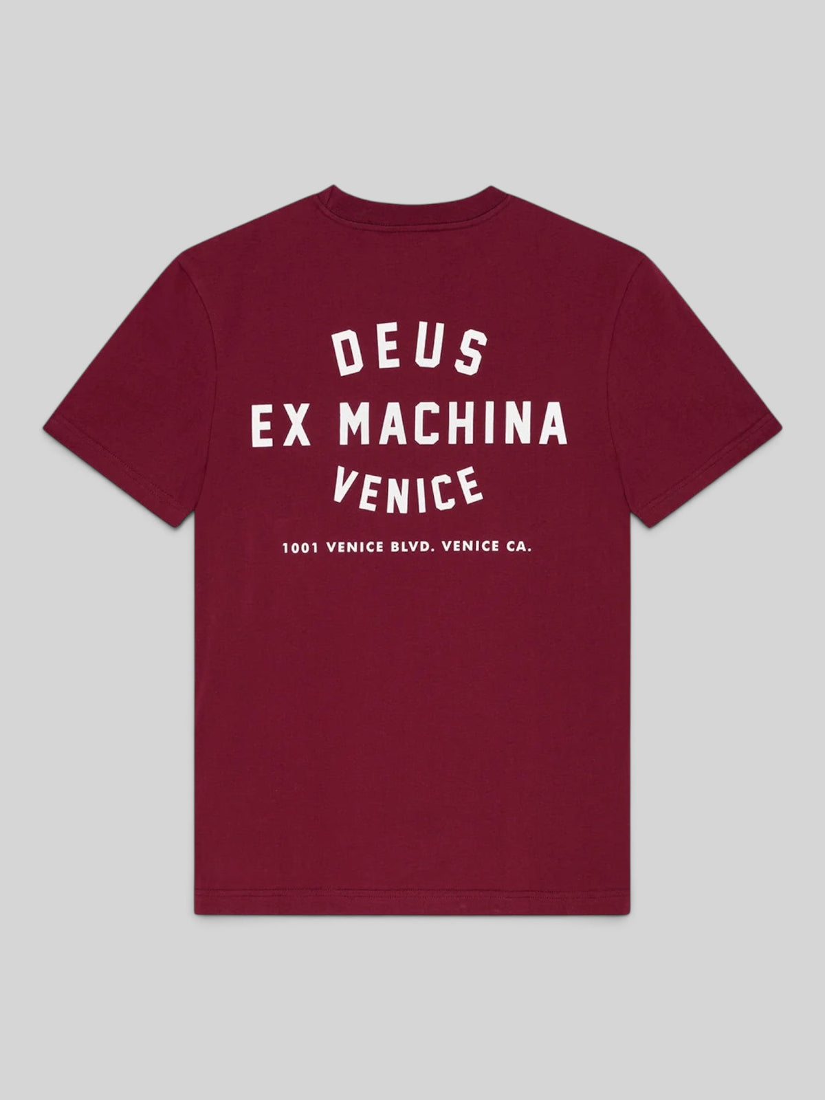 Baffle Haus burgundy organic cotton t-shirt with white Deus Ex Machina Venice graphic print on the back