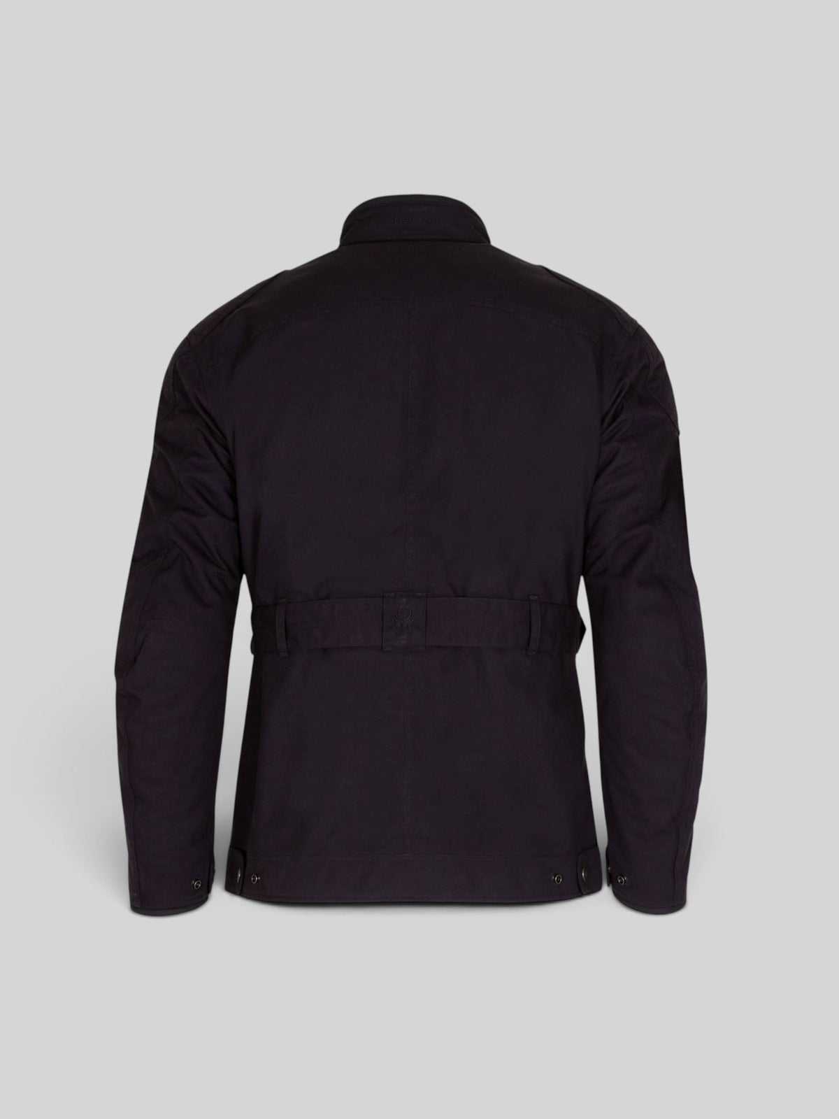 Back view of the Baffle Haus Burslem Eco black laminated motorcycle jacket with a waist belt and classic design.
