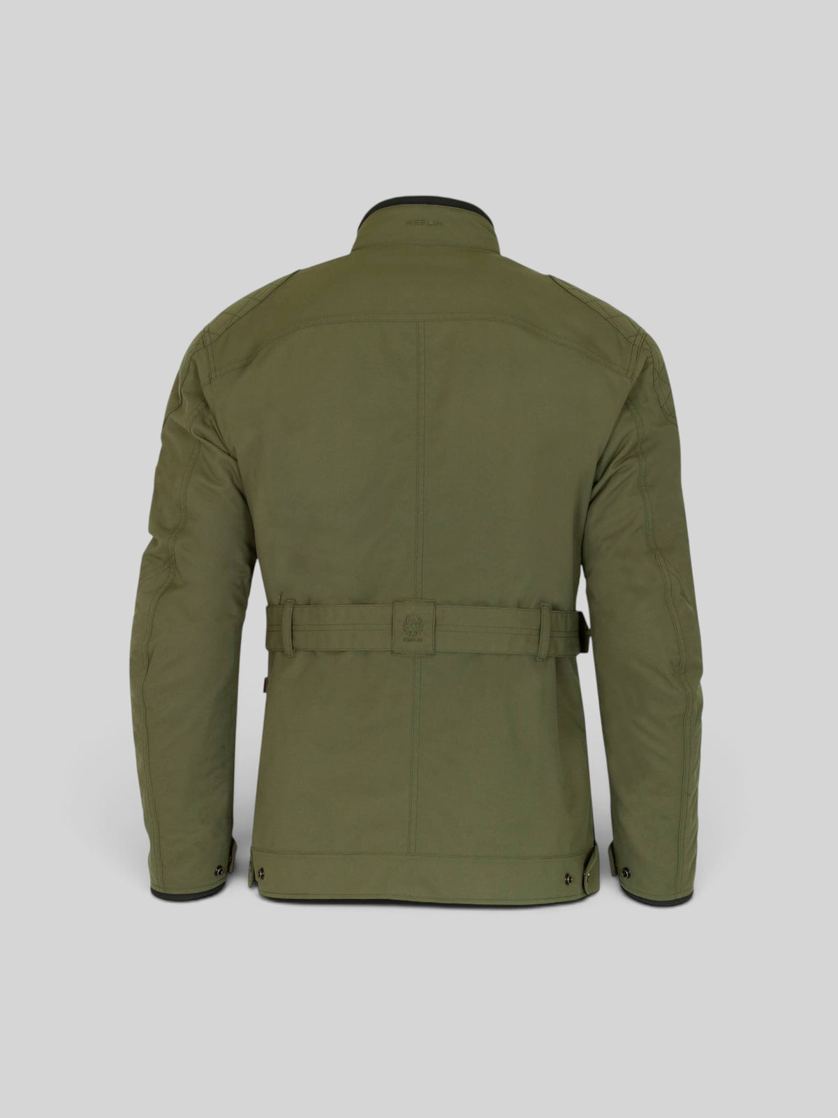 Baffle Haus Burslem eco green laminated motorcycle jacket with waist belt and diamond stitched shoulder detail