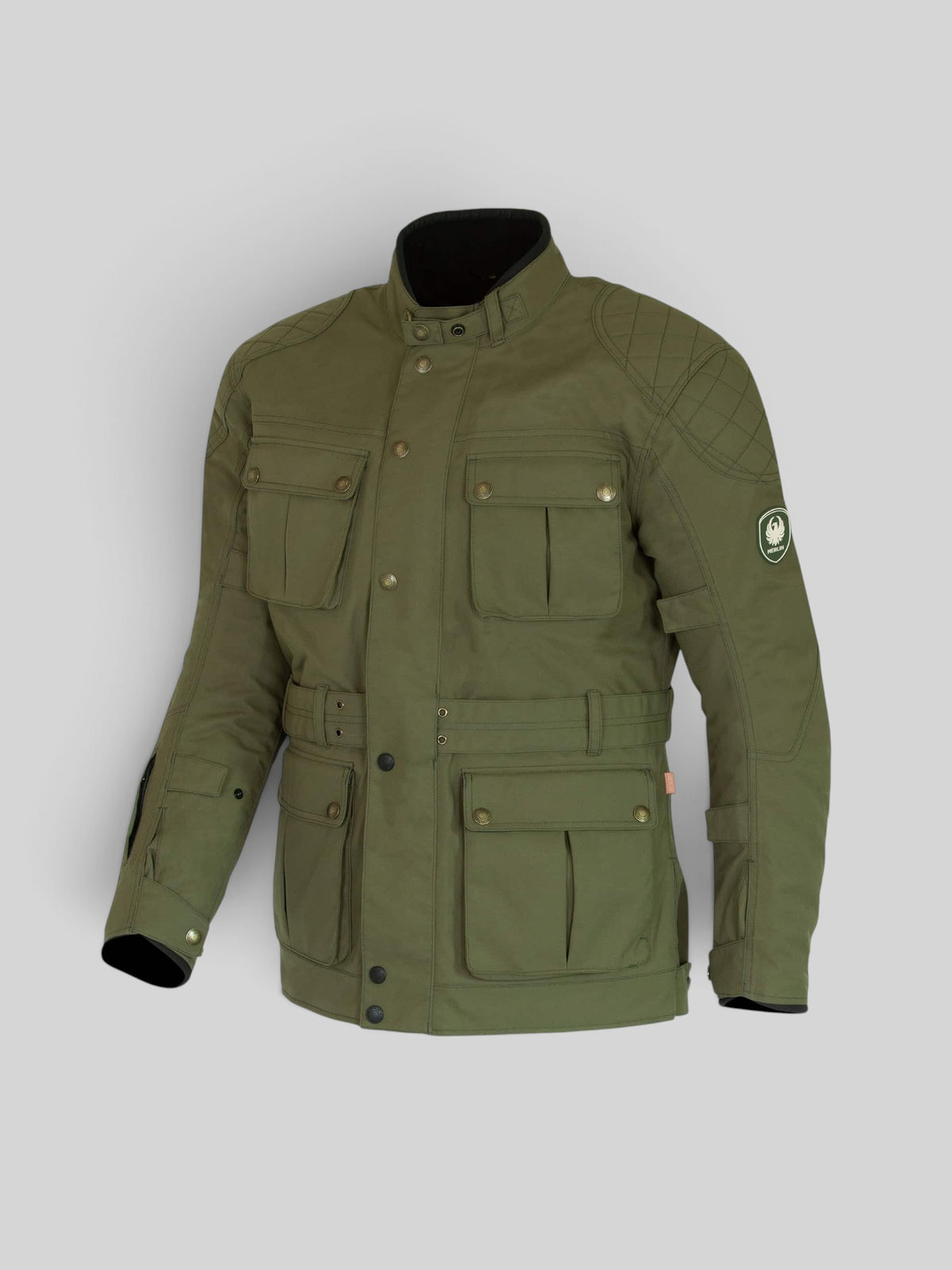 Baffle Haus Burslem eco green laminated motorcycle jacket with diamond stitched shoulders and antique brass hardware.