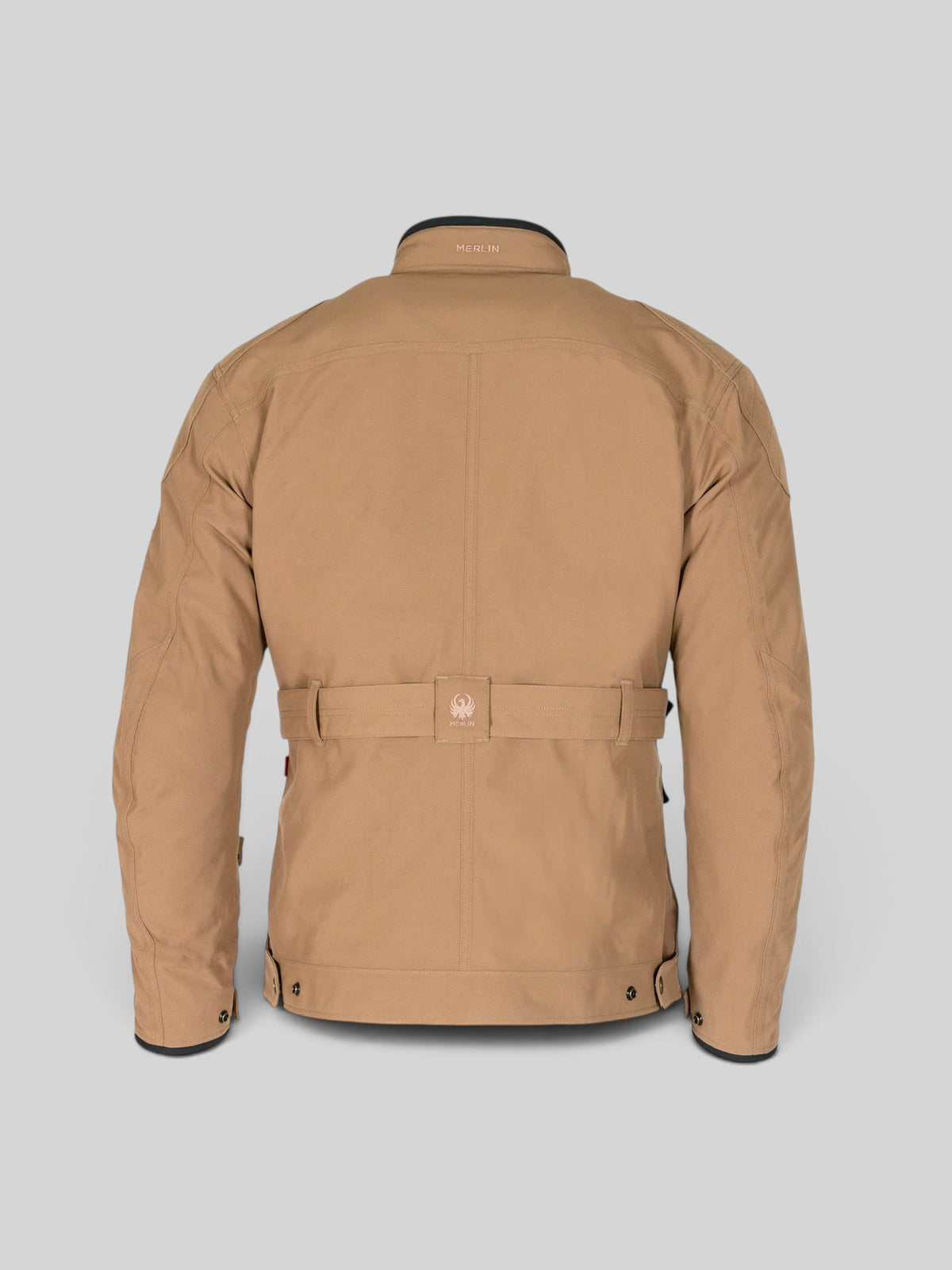 Baffle Haus Burslem Eco Sand laminated motorcycle jacket, back view showing waist belt and corduroy collar detail.